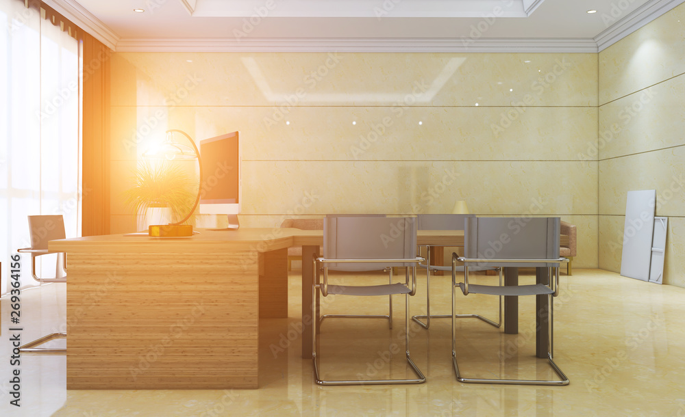 Fototapeta premium modern cabinet with marble walls and a large window. business background. 3D rendering. Sunset.