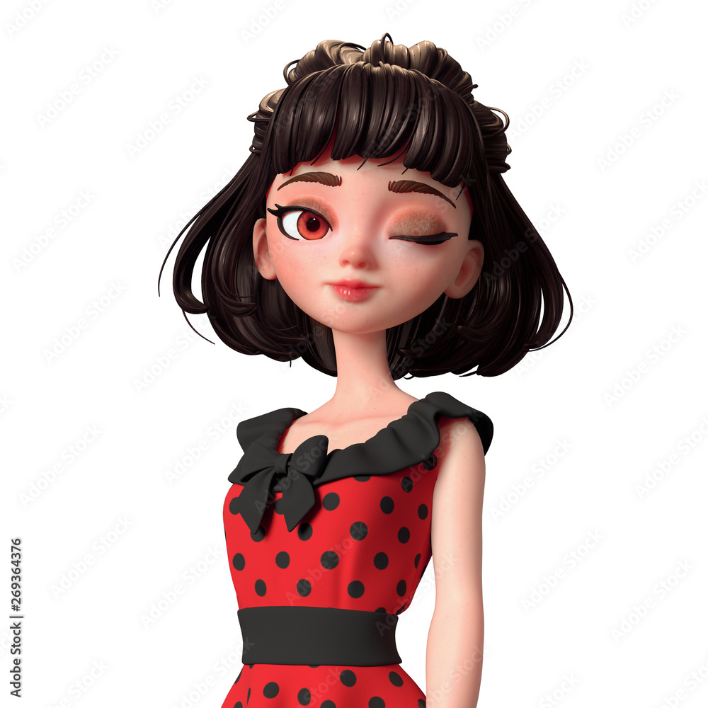 3d cartoon character of a brunette girl with a closed eye and one open. Portrait of 3d cartoon character of a brunette girl with a closed eye and one open. Portrait of