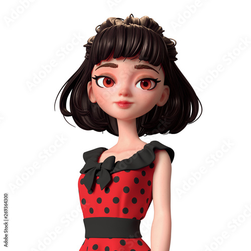 3d cartoon character woman smiling. Beautiful teenager girl with short  brown hair. Portrait of a cheerful brunette pin-up girl in red retro dress  with black polka dots. 3D render on white background.