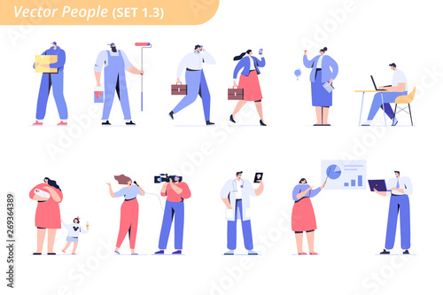 People of different occupations. Proffessions.   ourier  painter  teacher  businessman  teacher  operator  presenter  programmer  doctor. Flat vector characters