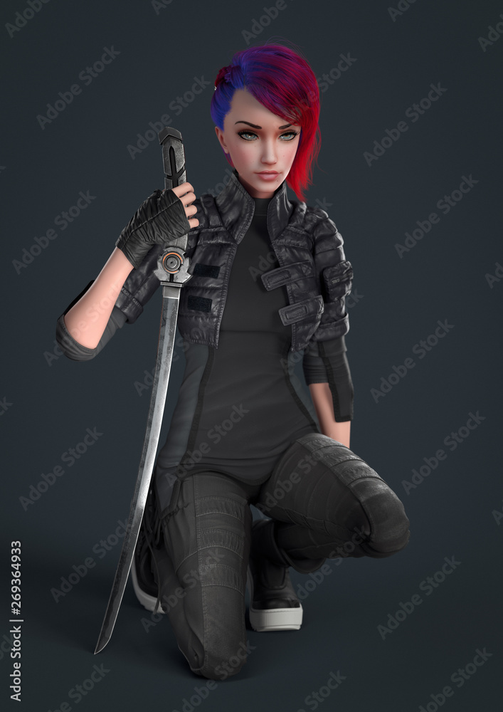Cyberpunk girl in a leather jacket kneeling on one knee and rests her arm on the handle of a futuristic katana sword. Urban young woman with short red hair and blue eyes. 3d render on gray background.