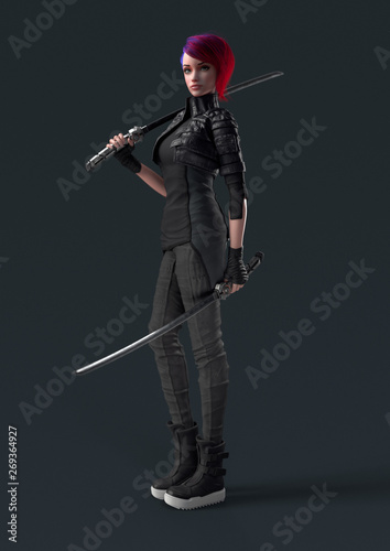 Cyberpunk girl in a leather jacket standing and holding two futuristic katana swords. Urban young woman with short red hair with japanese samurai sword on shoulder. 3d rendering on gray background.