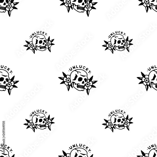 Принти на полотні UNLUCKY SKULL FLOWERS TRADITIONAL TATTOO SEAMLESS PATTERN WHITE BACKGROUND