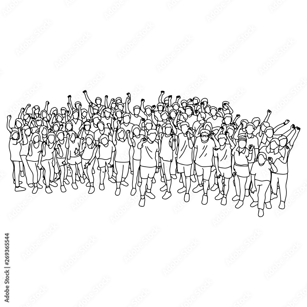 Naklejka premium sport people standing together with fist gesture vector illustration sketch doodle hand drawn with black lines isolated on white background. Teamwork or family concept.