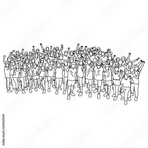 sport people standing together with fist gesture vector illustration sketch doodle hand drawn with black lines isolated on white background. Teamwork or family concept.