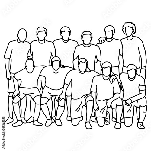 male soccer football team taking photo vector illustration sketch doodle hand drawn with black lines isolated on white background