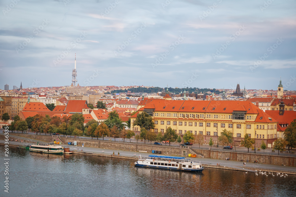 Fototapeta premium View of old Prague, the Vltava river and the embankment. Czech Republic.