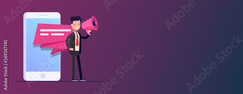 Mobile advertising concept. Businessman or manager speaks into a megaphone. Pop-up notification on the screen of a mobile phone or smartphone. Advertising campaign. Vector illusytation in flat style. photo