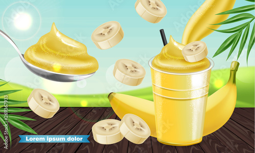 Banana smoothie Vector realistic mock up. Juicy drink with splash. Product pl...