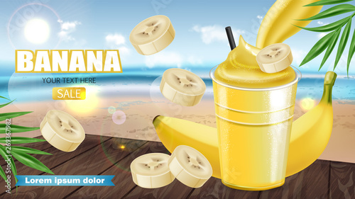 Tropic Banana smoothie Vector realistic mock up. Juicy drink with splash. Pro...