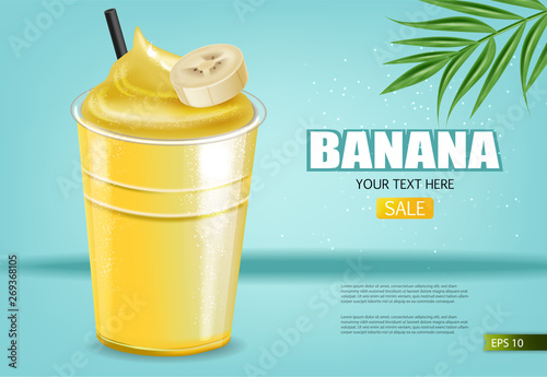 Banana smoothie Vector realistic mock up. Juicy drink with splash. Product placement. Detailed 3d illustrations. blue backgrounds