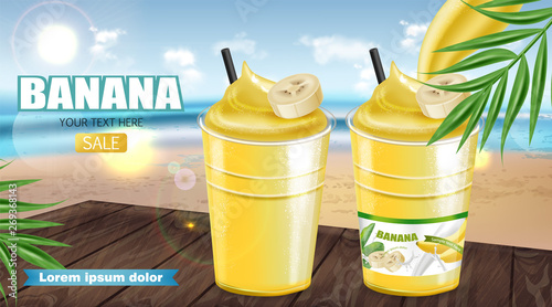 Banana cocktail shake Vector realistic mock up. Juicy drink with splash. Prod...
