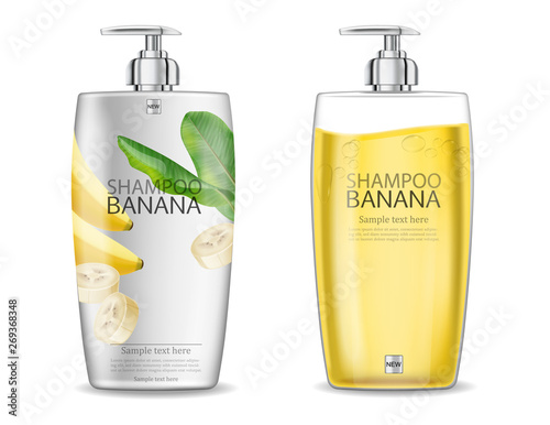 Banana shampoo Vector realistic mock up. White and yellow bottles cosmetics. Product placement label design. Detailed 3d illustrations
