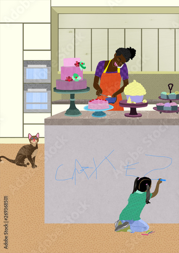 Illustration of mother baking in kitchen
