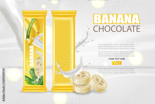 Banana chocolate Vector realistic mock up. Product placement label design. De...