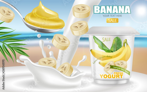 Banana yogurt Vector realistic mock up. Product placement label design. Yogur...