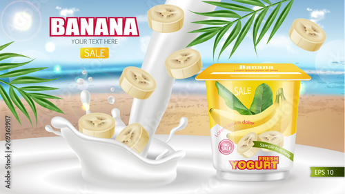 Banana yogurt Vector realistic mock up. Product placement label design. Yogurt pourring liquid. Tropic background. 3d illustrations