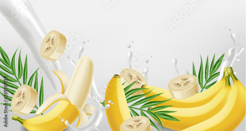 Banana splash Vector realistic. Yogurt or milk pourring liquid. Mock up for l...