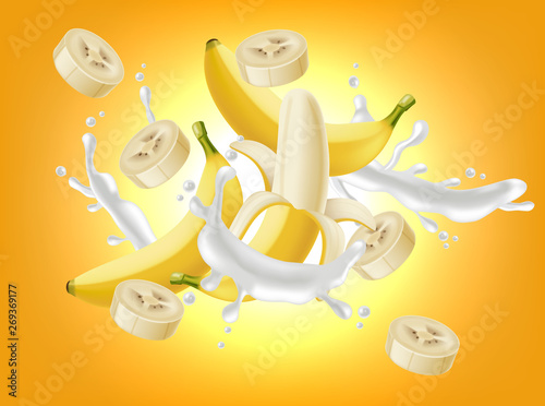 Banana splash Vector realistic. Yogurt or milk pourring liquid. Mock up for label designs
