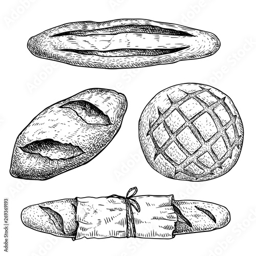 Fresh baked bread set. French baguette, loaf buns, bun with paper package. Top view. Hand drawn sketch style illustrations for bakery shop and package. Isolated on white background.