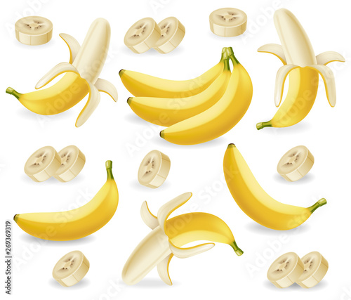 Banana fruits set Vector realistic poster template. Mock up for label designs