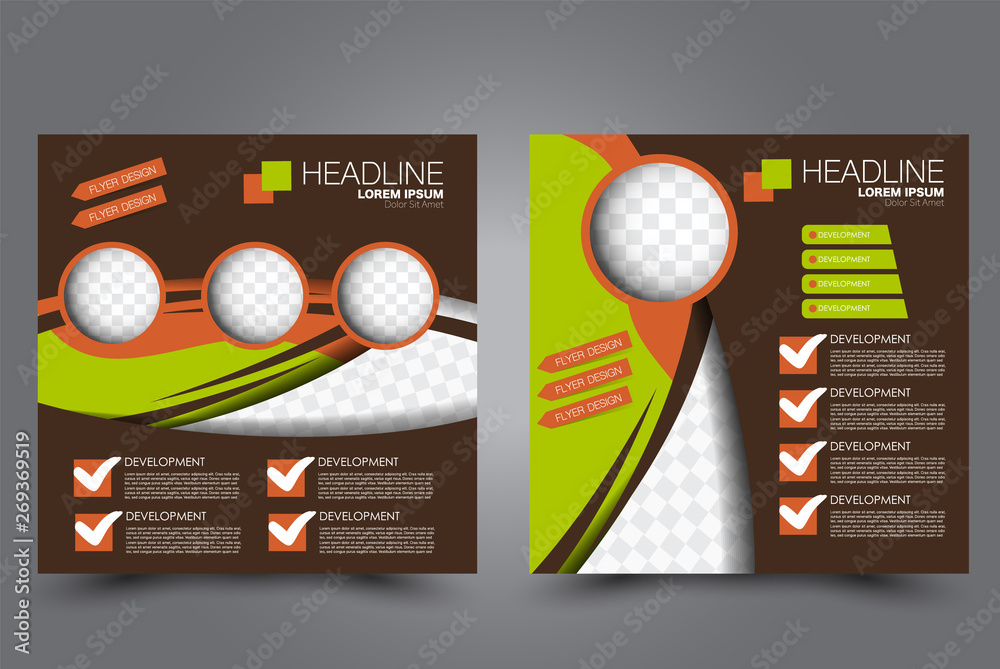 Square flyer design. A cover for brochure. Website or advertisement banner template. Vector illustration. Brown, green, and orange color. Square flyer design. A cover for brochure. Website or advertisement banner template. Vector illustration. Brown, green, and orange color.
