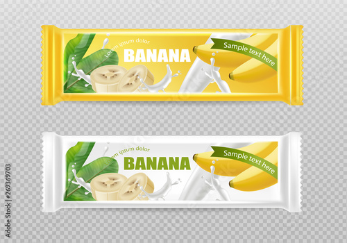Banana chocolate Vector realistic mock up. Product placement label design. Detailed 3d illustrations