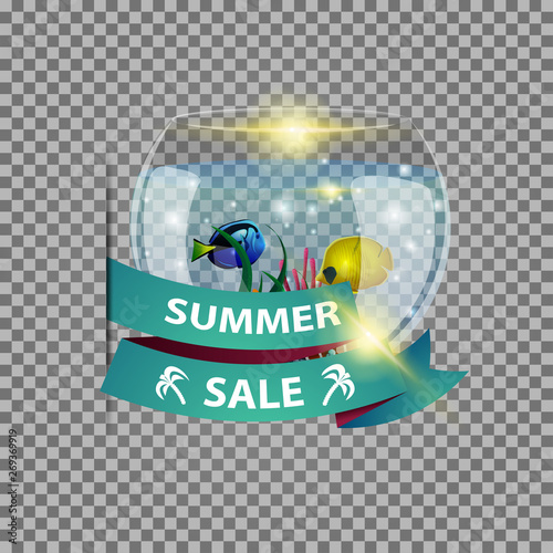 Summer sale, isolated web banner with ribbon and round aquarium with fish