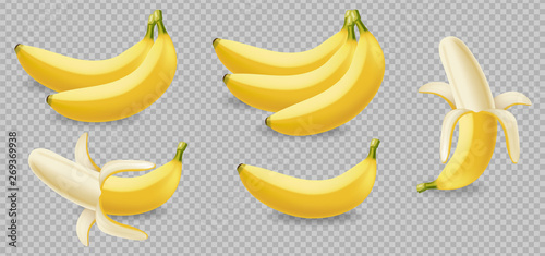 Banana fruits isolated on transparent Vector realistic poster template. Mock up for label designs