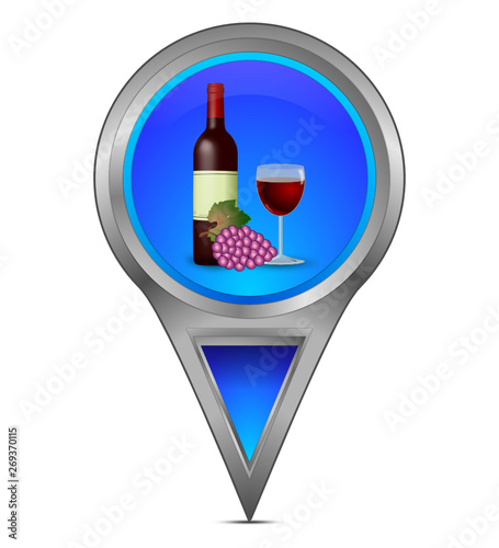 Map pointer with wine bottle, a glass of wine and grapes - illustration