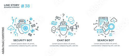 Set of illustrations concept with businessmen. technology, partnership, connection, business robot, cybes. linear illustration Icons infographics. Landing page site print poster. Line story