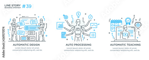 Set of illustrations concept with businessmen. technology, partnership, connection, business robot, cybes. linear illustration Icons infographics. Landing page site print poster. Line story