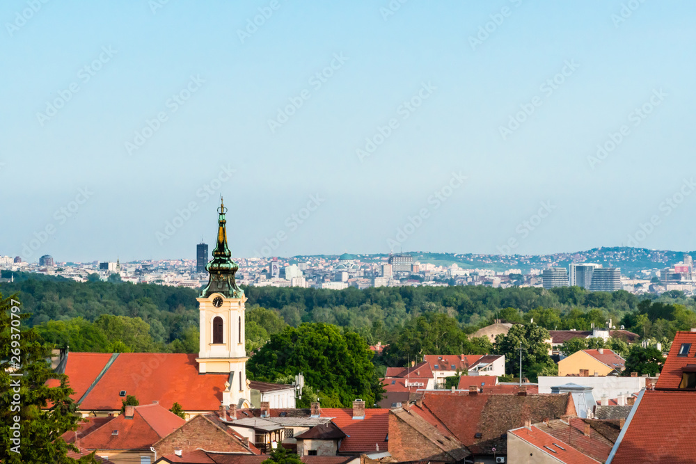 Old part of the town, Panoramic view with old church tower, Zemun, Serbia