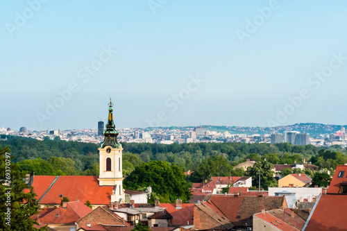 Old part of the town, Panoramic view with old church tower, Zemun, Serbia