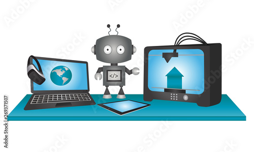Laptop computer with virtual reality goggles, robot, tablet and 3d printer