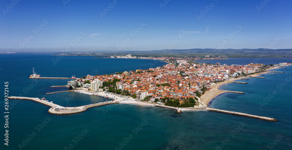 Aerial view to Pomorie city on the Bulgarian Black Sea coast - obrazy, fototapety, plakaty 