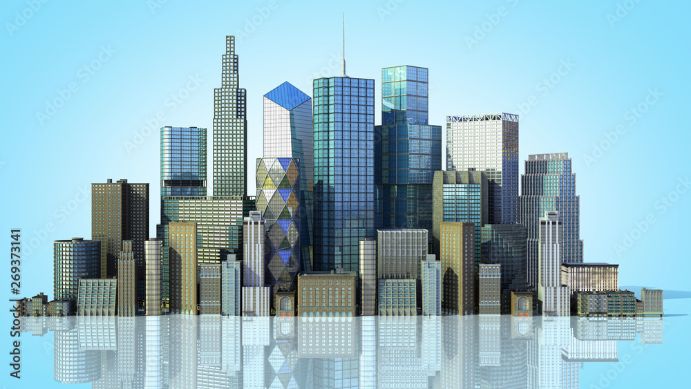 Day city with reflection 3d rendering image on blue gradient