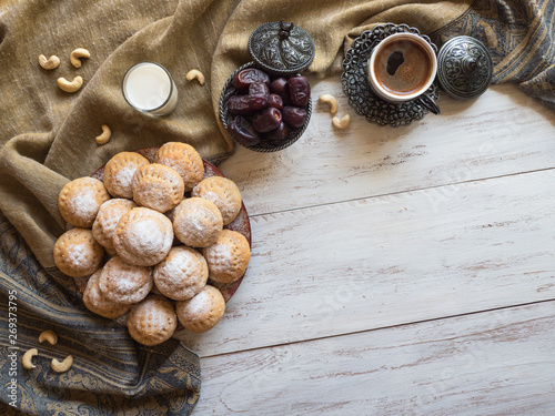 Ramadan sweets background. Cookies of El Fitr Islamic Feast. Egyptian cookies 