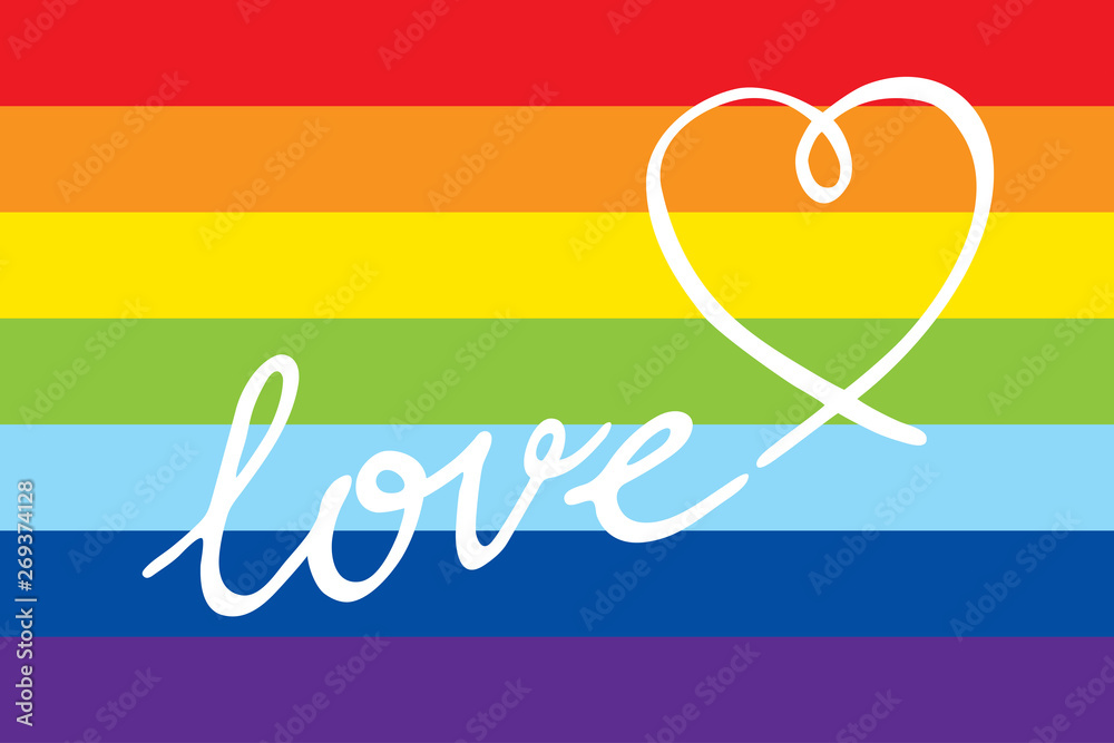 Rainbow pride flag with love hand lettering and a heart. Vector ...