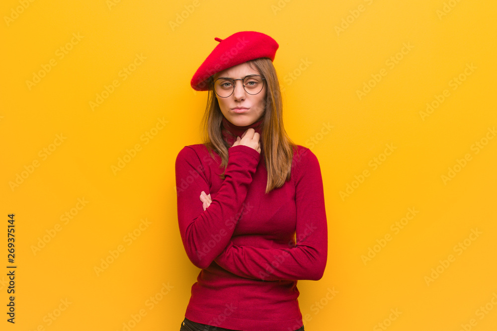 Young french artist woman coughing, sick due a virus or infection Young french artist woman coughing, sick due a virus or infection