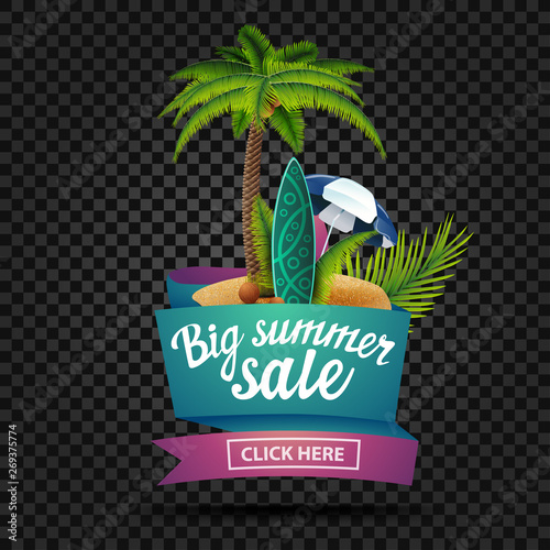 Big summer sale, discount banner isolated on a dark background in the shape of a ribbon with palm, coconuts, beach umbrella and surf Board