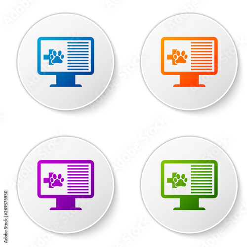 Color Medical clinical record pet on monitor icon isolated on white background. Health insurance form. Prescription, medical check marks report. Set icons in circle buttons. Vector Illustration