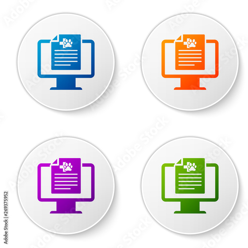 Color Medical clinical record pet on monitor icon isolated on white background. Health insurance form. Prescription, medical check marks report. Set icons in circle buttons. Vector Illustration