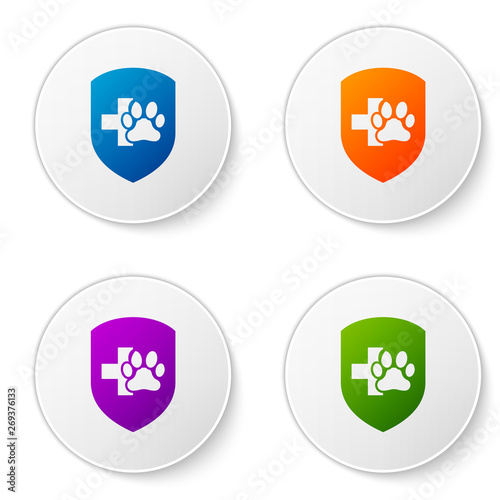 Color Animal health insurance icon isolated on white background. Pet protection icon. Dog or cat paw print. Set icons in circle buttons. Vector Illustration
