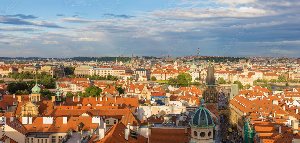 Beautiful view of old Prague, Charles Bridge and the city skyline. Panorama of ten vertical frames.