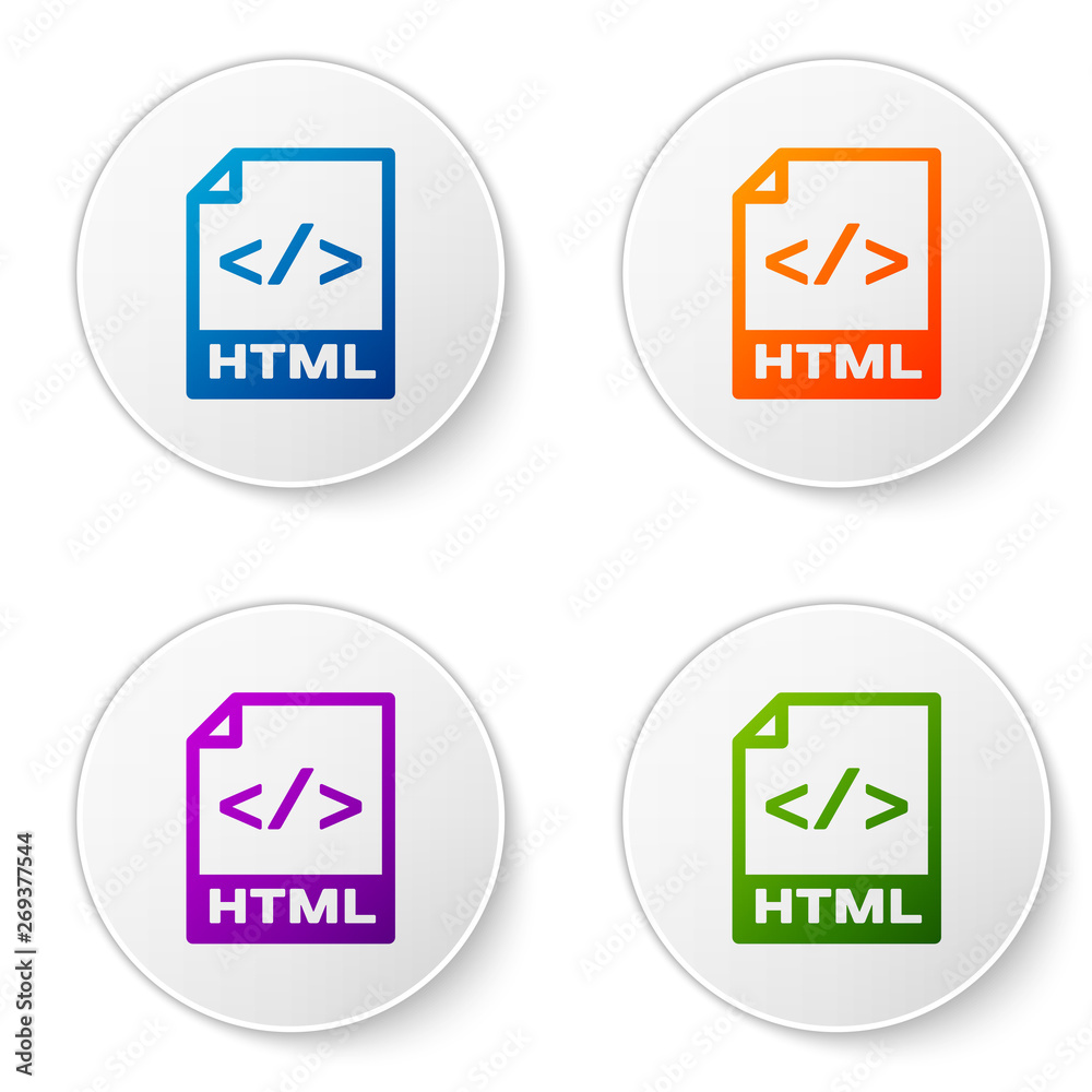 Color HTML file document icon. Download html button icon isolated on white  background. HTML file symbol. Markup language symbol. Set icons in circle  buttons. Vector Illustration Stock Vector | Adobe Stock
