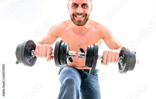 athletic body. Dumbbell gym. fitness health diet. Muscular man exercising with barbell. man sportsman with strong ab torso. steroids. sport equipment. Perfect six pack. Challenging himself