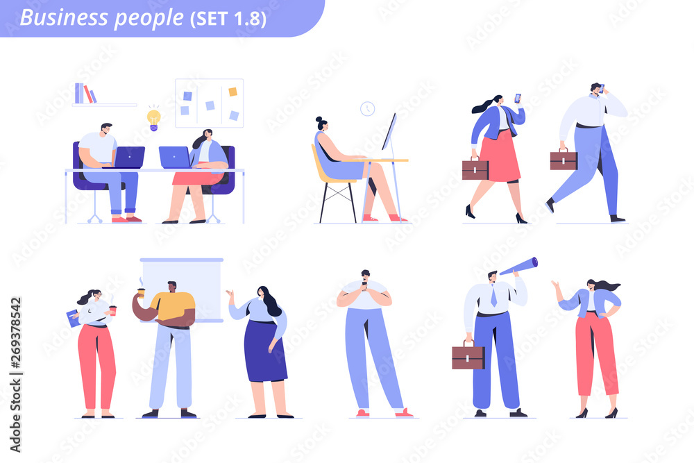 Business people vector set. Business team. Working in company,  discussion,  collaboration, partners. Males and females vector flat characters isolated on white.