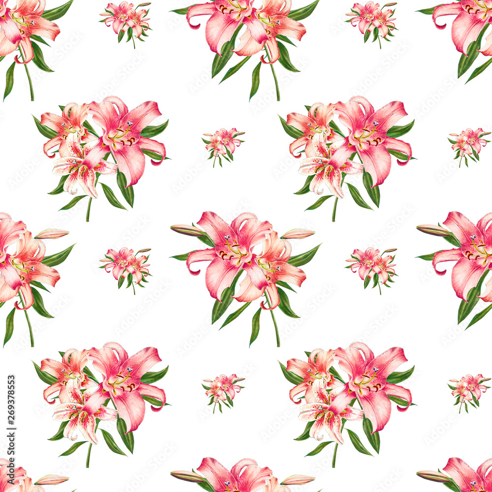 Seamless pink lily pattern. Bouquet of flowers. Floral print. Marker drawing. Watercolor painting. Wedding birthday festive wallpaper. Endless texture. Painted background. Hand drawn illustration.