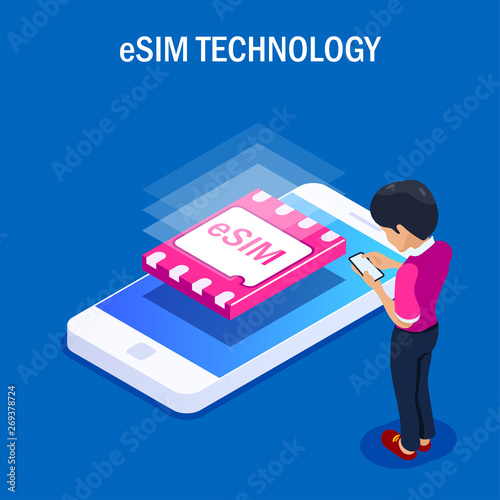 eSIM card chip sign. Embedded SIM concept. New mobile communication technology. People use mobile phone. Can use for web banner, infographics, hero images. Isometric vector illustration.